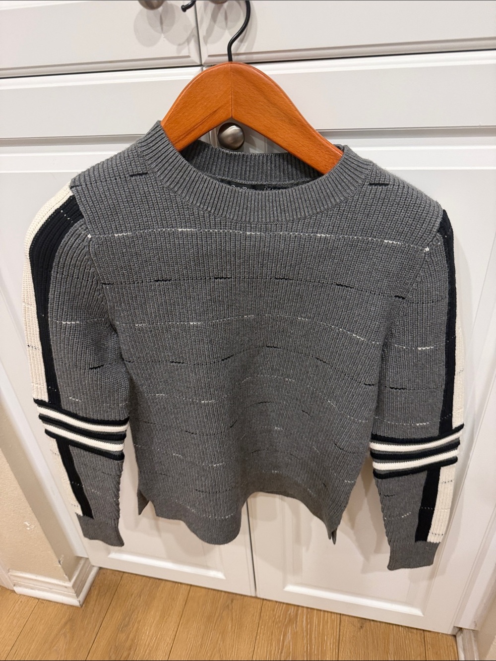 Alp N Rock Grey Crewneck Sweater with Black & Cream Sleeve Stripes
